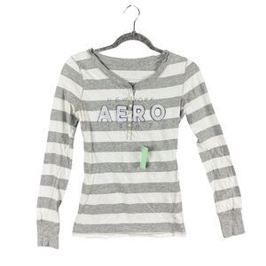 Y2K Preppy Gray & White Striped Aeropostale Henley 3D Spellout w Sequins Sz M